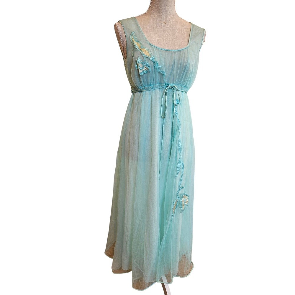 Vintage 1960s Aqua‎ Blue Sheer Chiffon Dress Applique Gown Fairy Fairycore